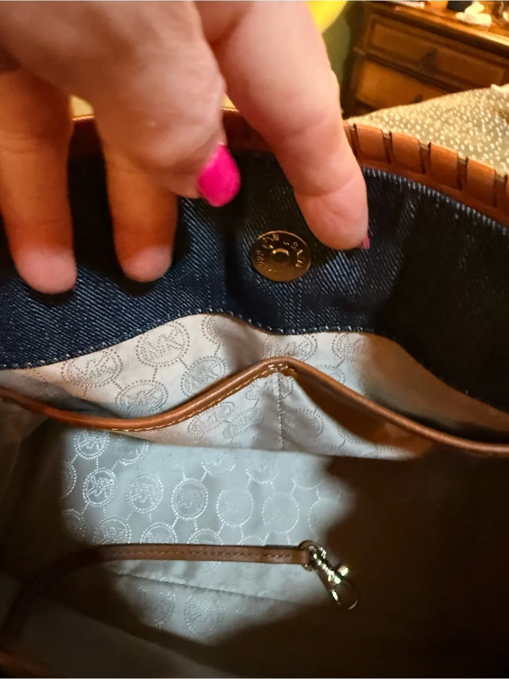 Michael Kors Navy Denim Satchel with Brown Leather Trim & Gold Hardware